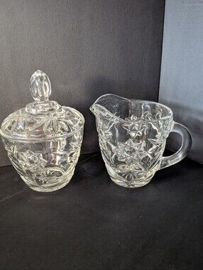 VTG MCM Anchor Hocking Cream And Sugar Pressed Glass Set Prescut Star Of David